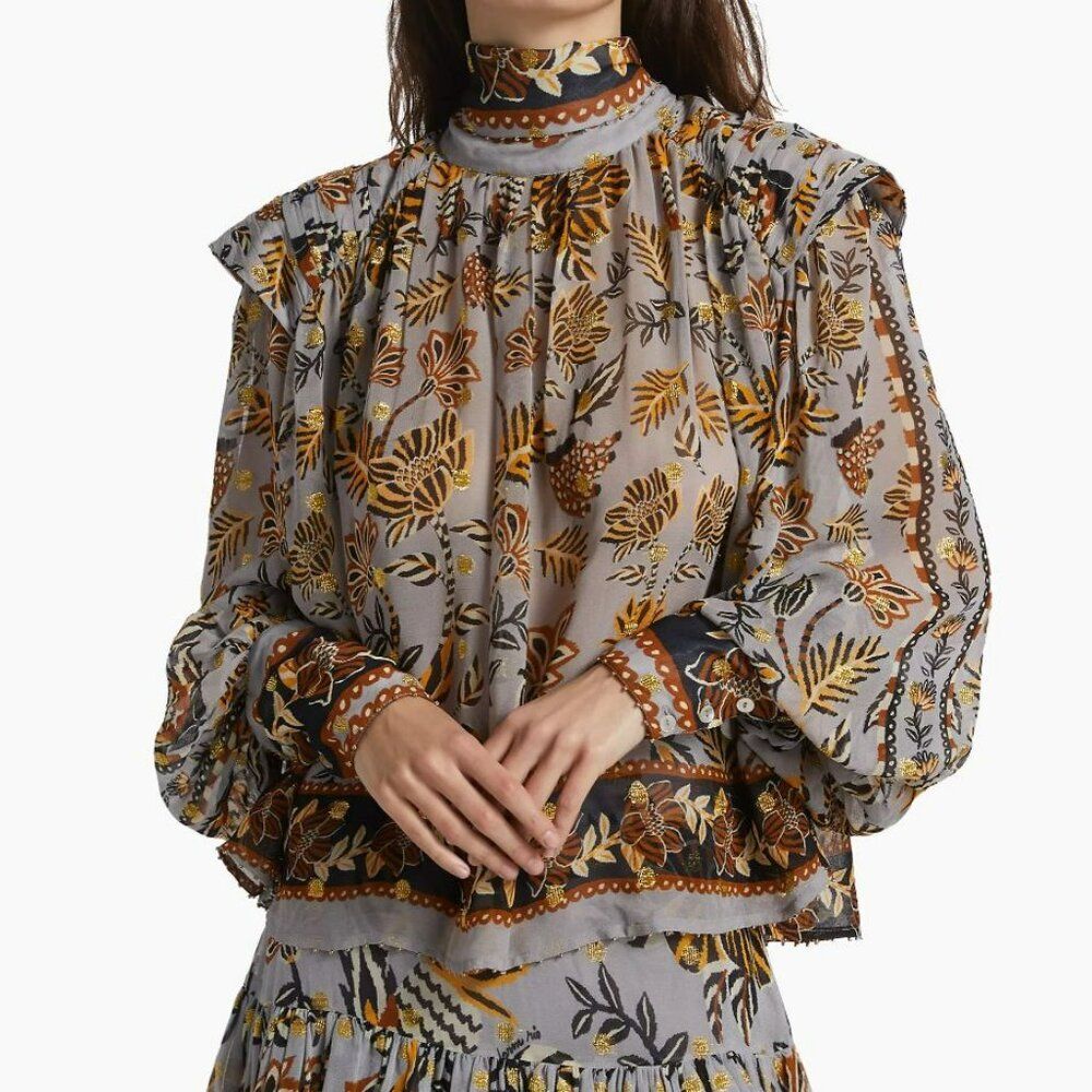 Farm Rio  Floral Tapestry Embroidered Bishop-Sleeve Blouse